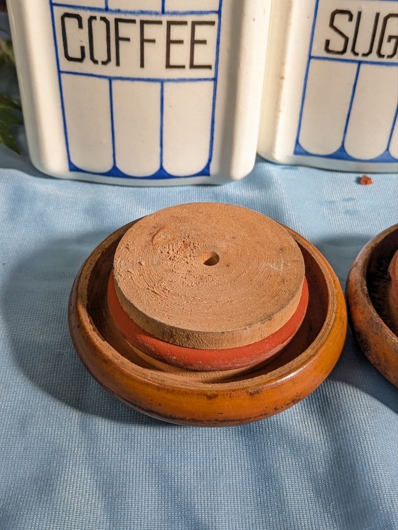 ヨーロッパ アンティーク 陶器製 木蓋 キャニスター ２点セット