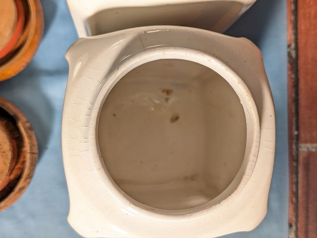 ヨーロッパ アンティーク 陶器製 木蓋 キャニスター ２点セット