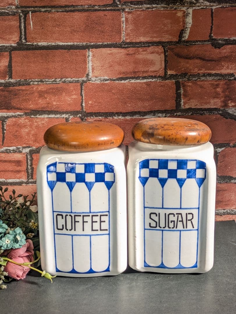 ヨーロッパ アンティーク 陶器製 木蓋 キャニスター ２点セット