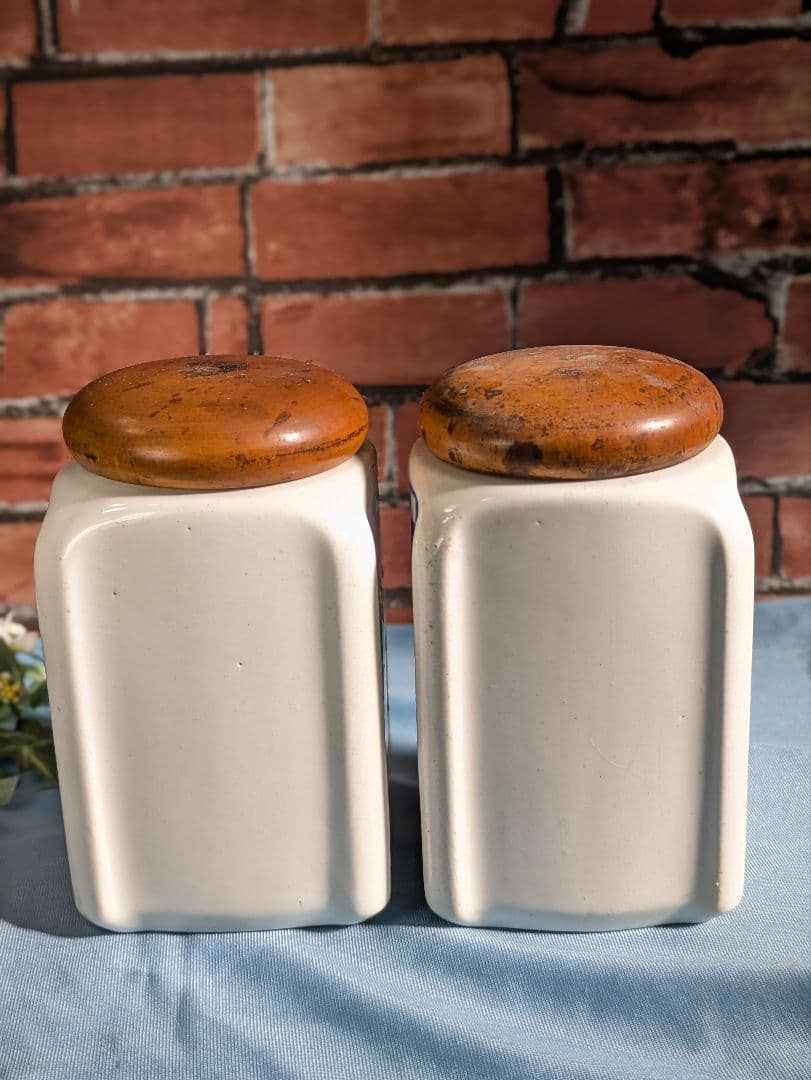 ヨーロッパ アンティーク 陶器製 木蓋 キャニスター ２点セット