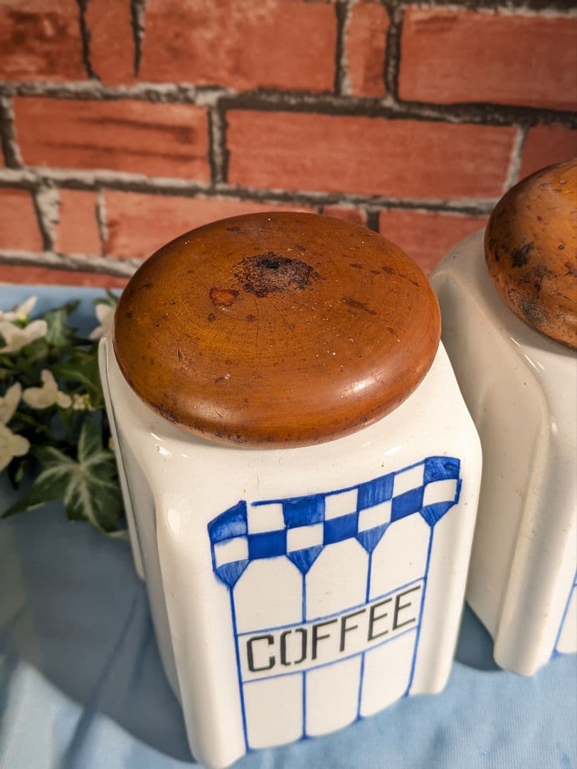 ヨーロッパ アンティーク 陶器製 木蓋 キャニスター ２点セット