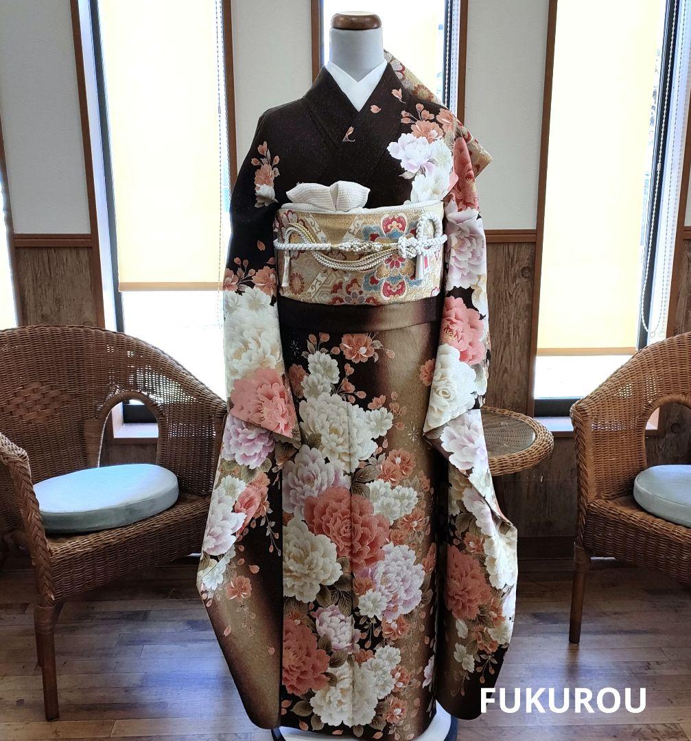 【ご購入者様お手続き中】本振袖　ラメ　薔薇　ブラウン系　美品