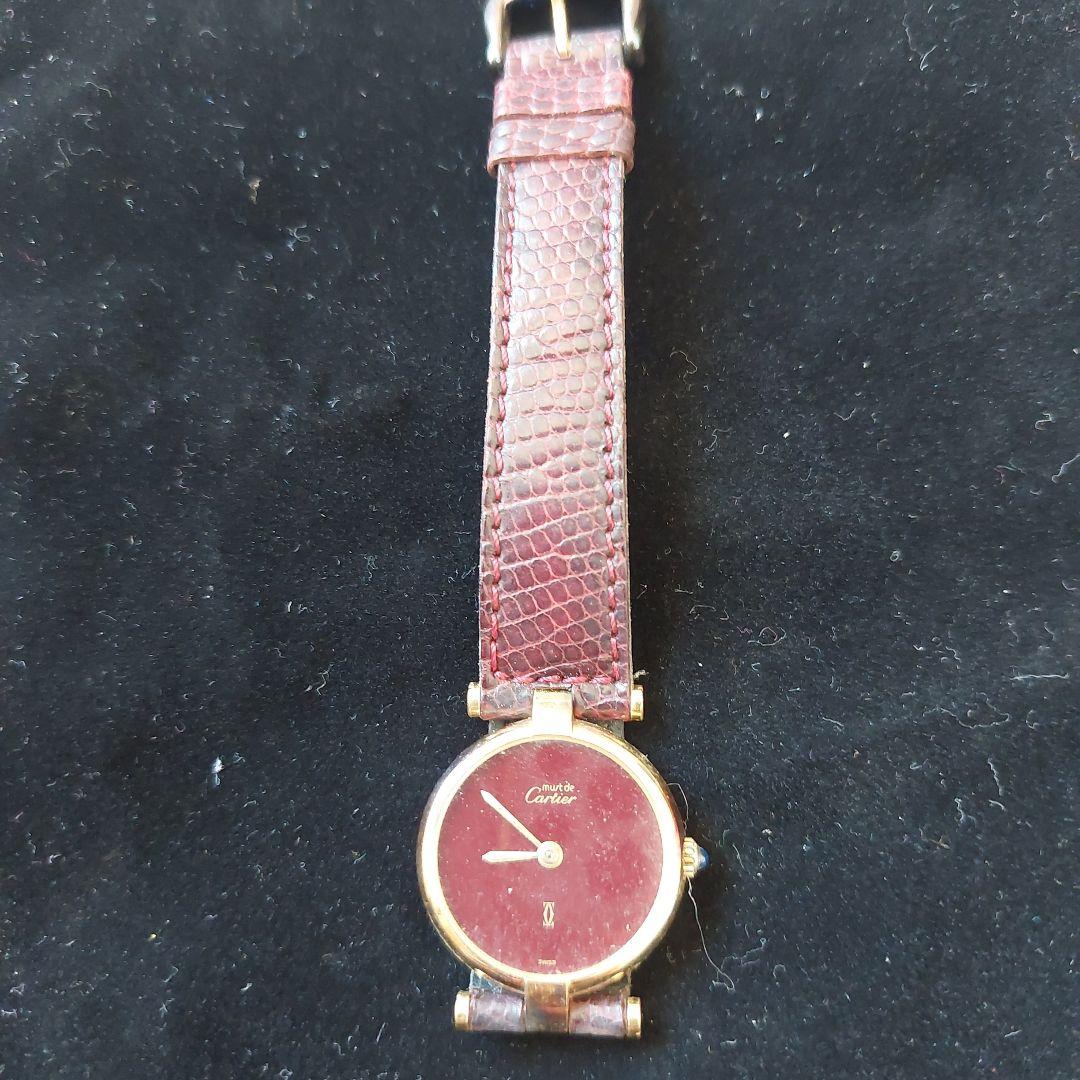 Cartier クォーツ時計 バーガンディ レザー