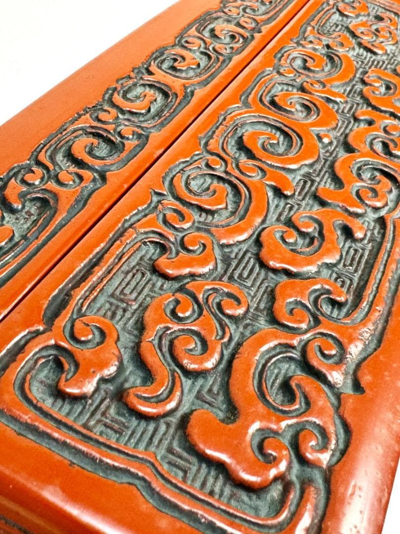 剔紅 堆朱 木製山水楼閣人物図文箱 漆器 時代物 唐物 骨董 中国WWWT051