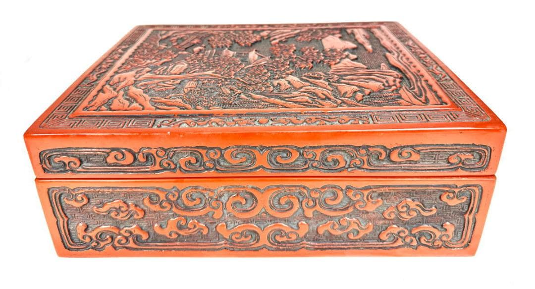 剔紅 堆朱 木製山水楼閣人物図文箱 漆器 時代物 唐物 骨董 中国WWWT051