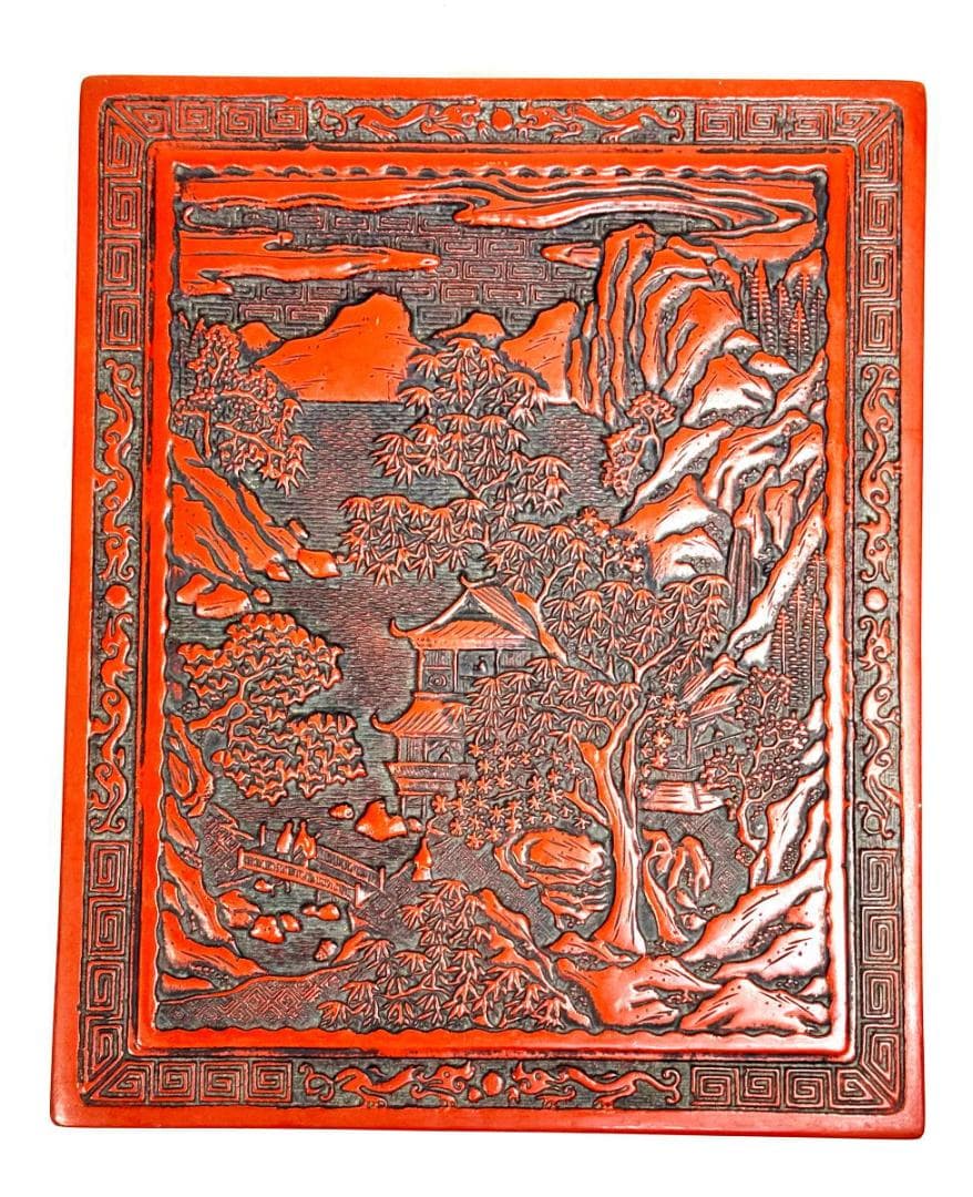 剔紅 堆朱 木製山水楼閣人物図文箱 漆器 時代物 唐物 骨董 中国WWWT051