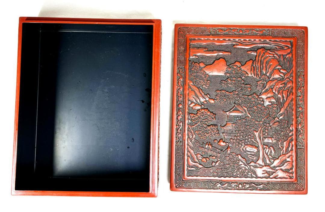 剔紅 堆朱 木製山水楼閣人物図文箱 漆器 時代物 唐物 骨董 中国WWWT051