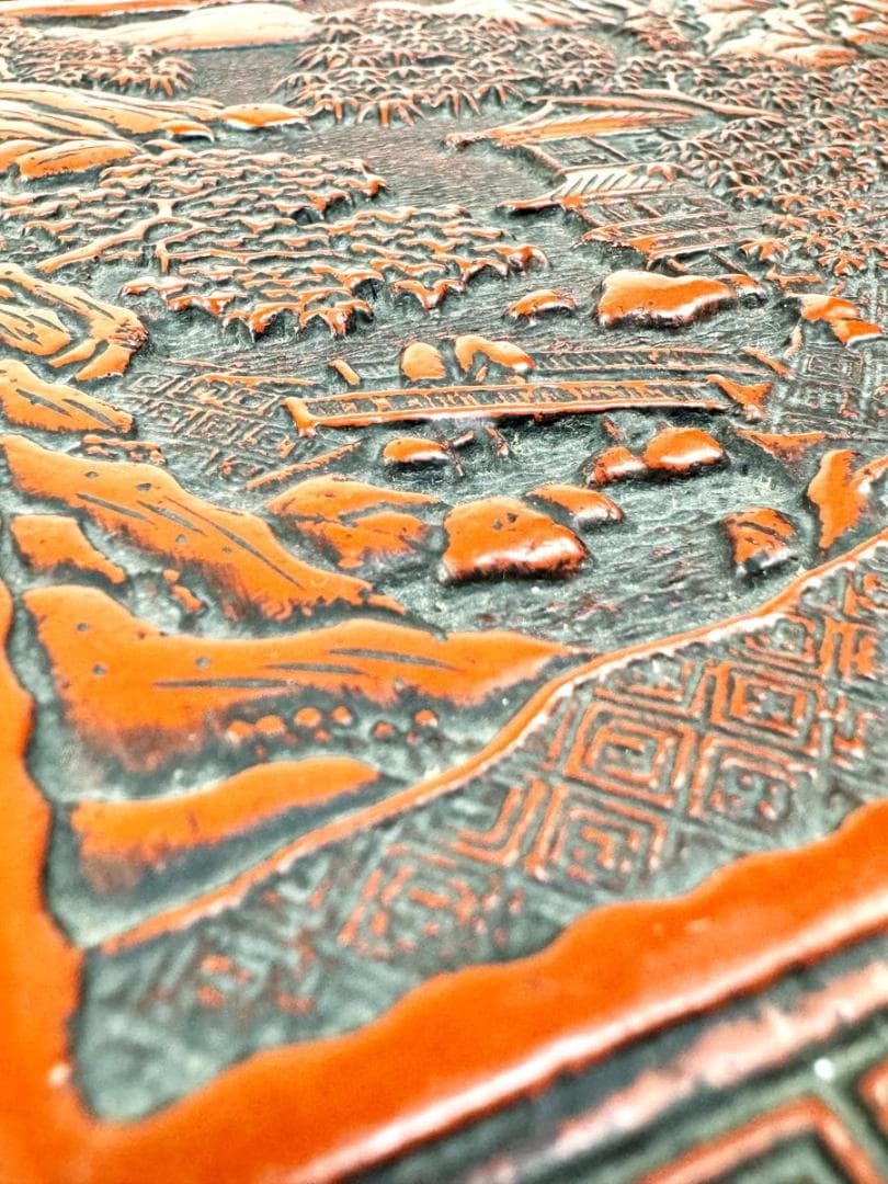 剔紅 堆朱 木製山水楼閣人物図文箱 漆器 時代物 唐物 骨董 中国WWWT051