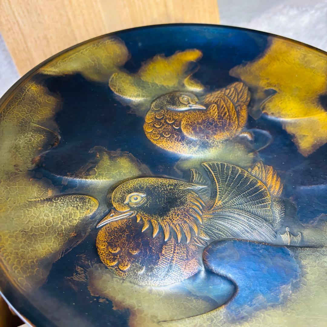 超希少作　玉川堂　五代　鴛番　おしどり　大額皿　鎚起銅器　三条　玉川覚平　鴛鴦