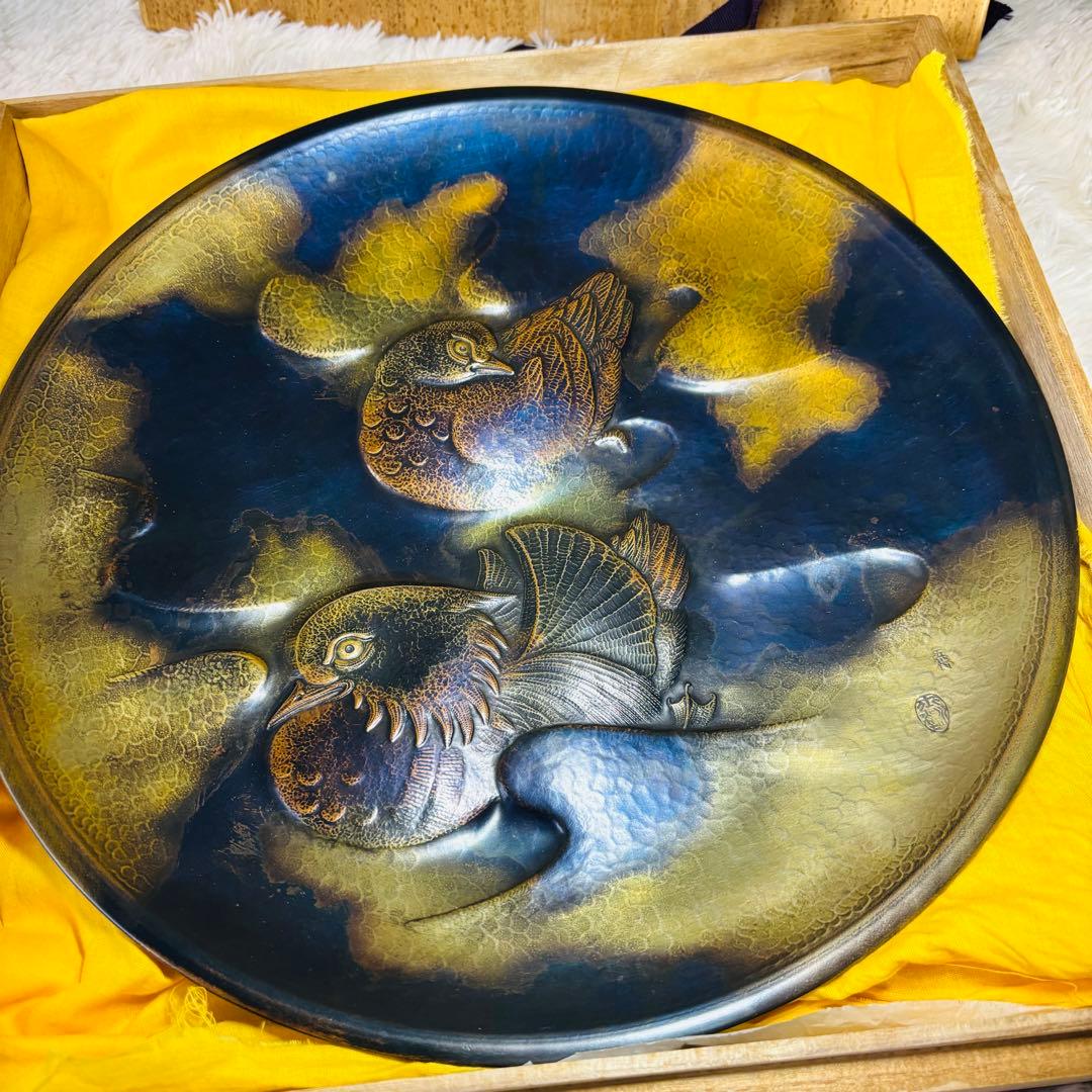 超希少作　玉川堂　五代　鴛番　おしどり　大額皿　鎚起銅器　三条　玉川覚平　鴛鴦