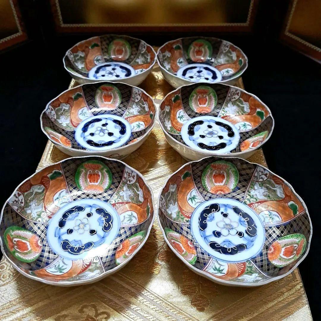 アンティーク　古伊万里　染錦　懐石皿　なます皿　5寸　6客揃　色絵　深鉢