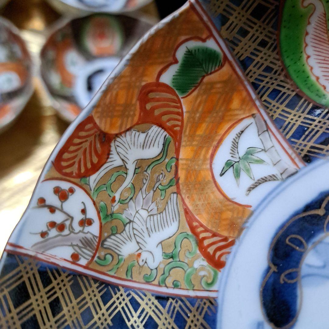 アンティーク　古伊万里　染錦　懐石皿　なます皿　5寸　6客揃　色絵　深鉢