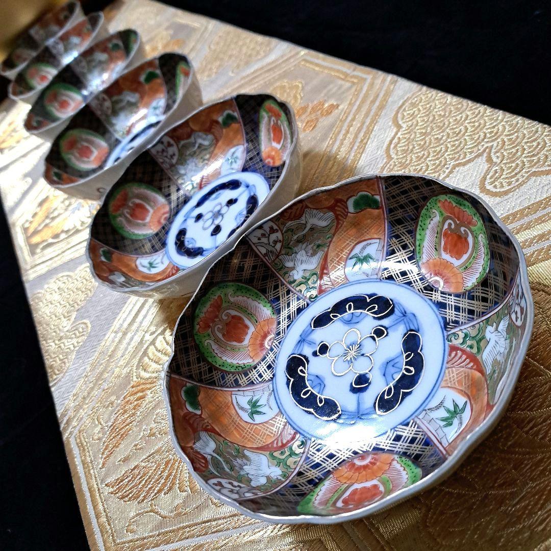 アンティーク　古伊万里　染錦　懐石皿　なます皿　5寸　6客揃　色絵　深鉢