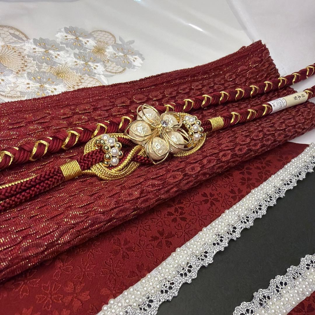 新品　2027年新作　振袖用　帯締め　帯揚げ　半襟　重ね襟　セット　ワインレッド