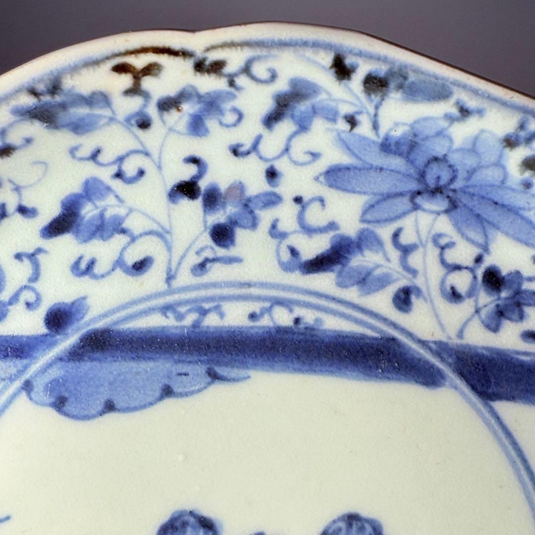 1700年代　江戸時代　古伊万里　染付花唐草風景図輪花皿　5枚　大明成化年製