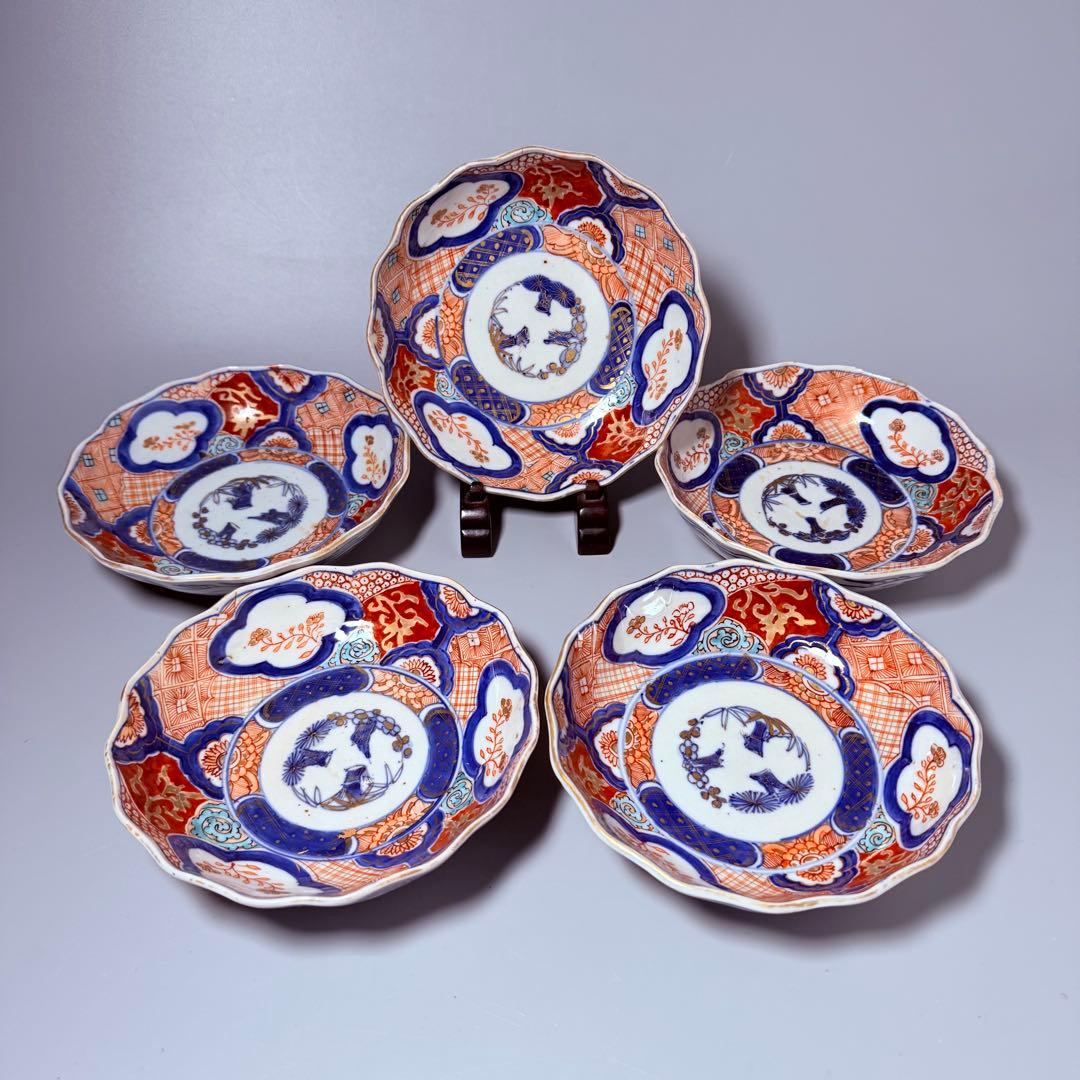 古伊万里　色絵松竹梅なます皿　五客　蛇の目高台　赤絵　緻密な絵付け　古器を楽しむ