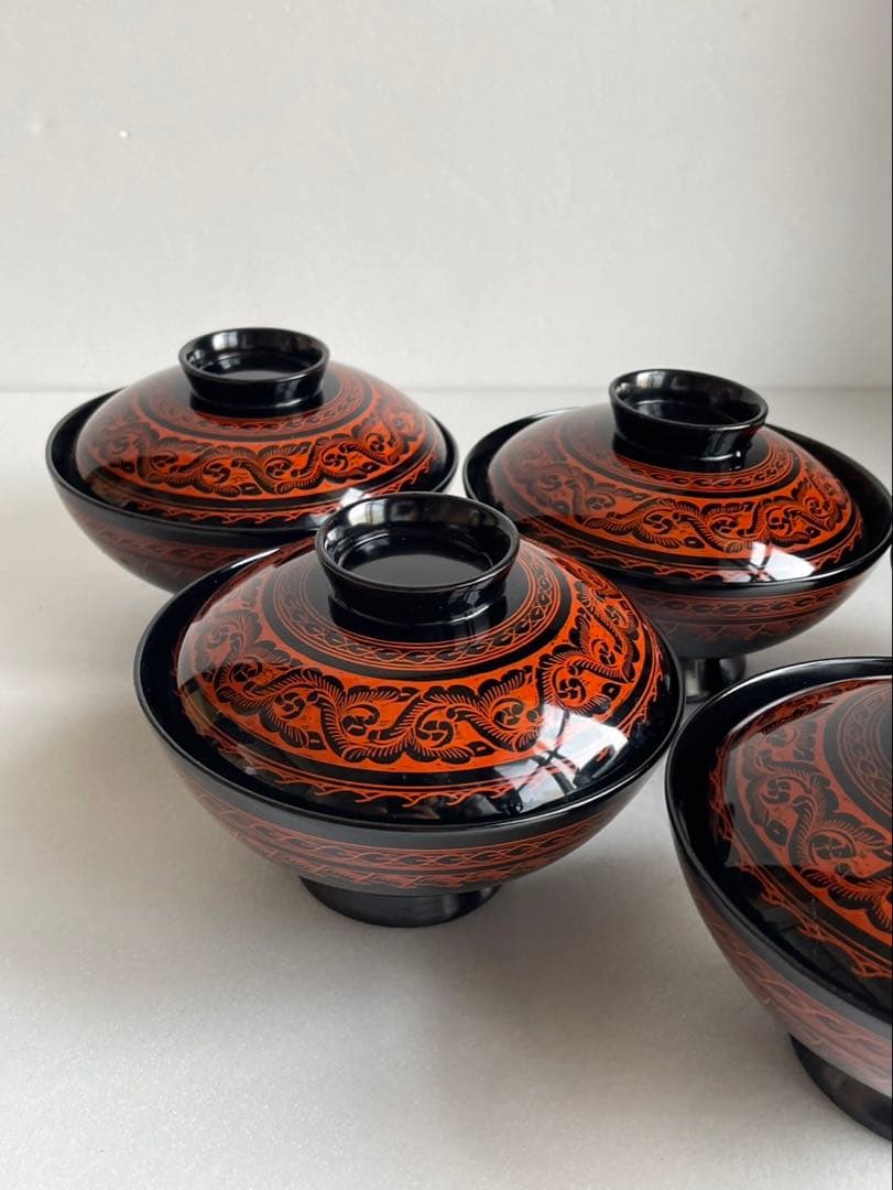 ②木製漆器　讃岐彫　昇斎作　蒟醤　吸物椀5客　　　　蓋付き椀　お椀