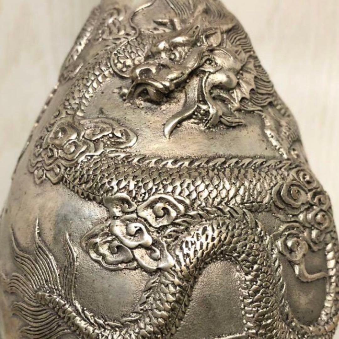 銀竜　花瓶　凹凸彫刻　銀龍置物　鎮宅　時代物　置物　インテリア縁起物