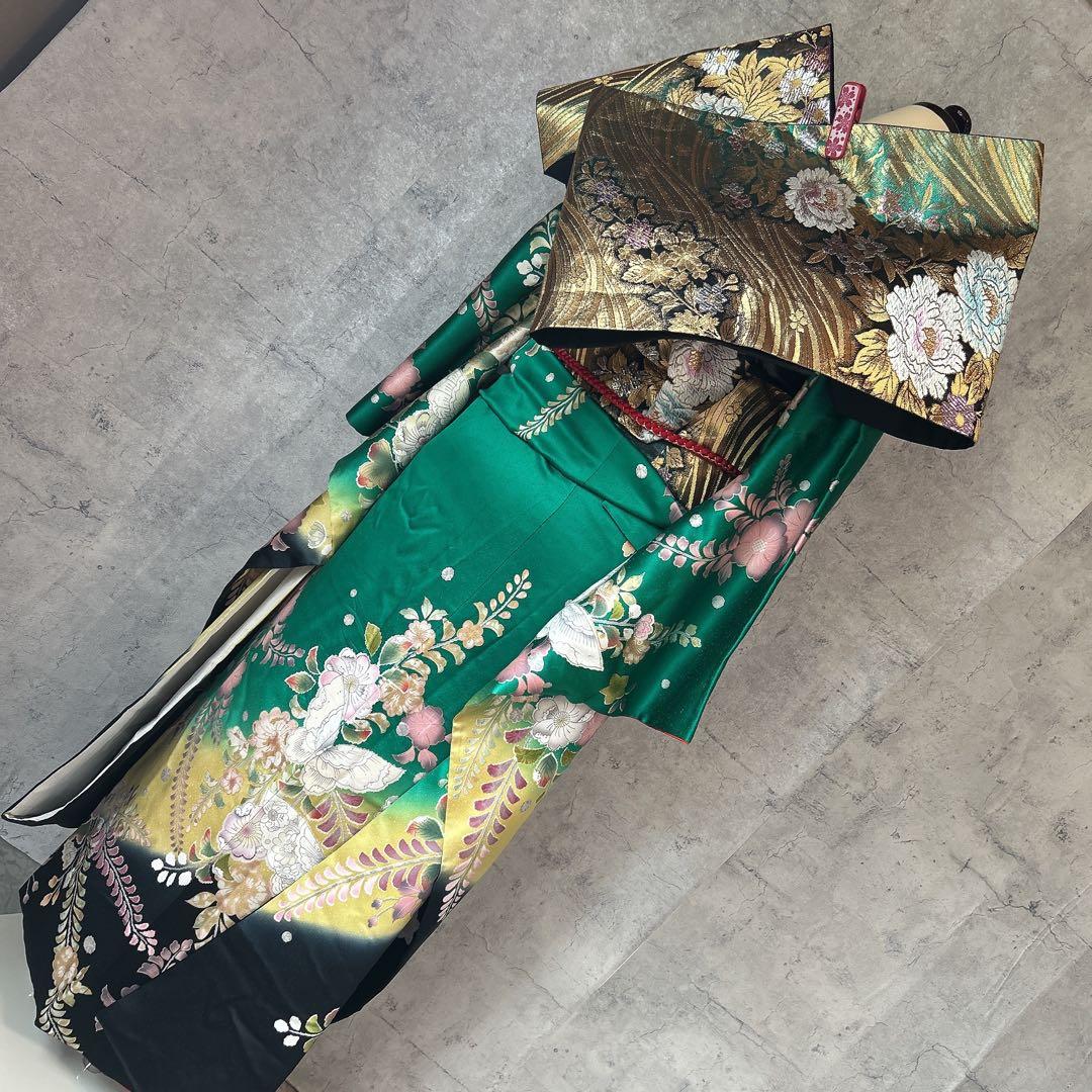 振袖　フルセット　辻が花　成人式　グリーン　ブラック　綸子　m5