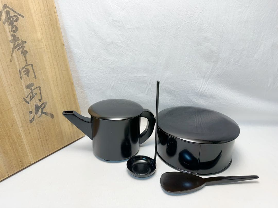 ほぼ未使用 懐石道具 木製黒真塗 会席用両次 4点セット 共箱