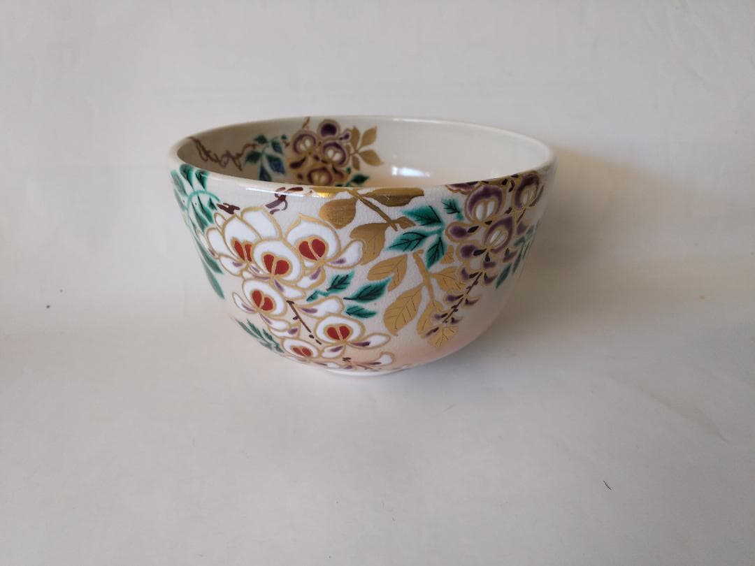 押小路窯 庄左ェ門 作 色絵「藤」茶碗 押小路焼 共箱 共布 栞 抹茶碗 新品