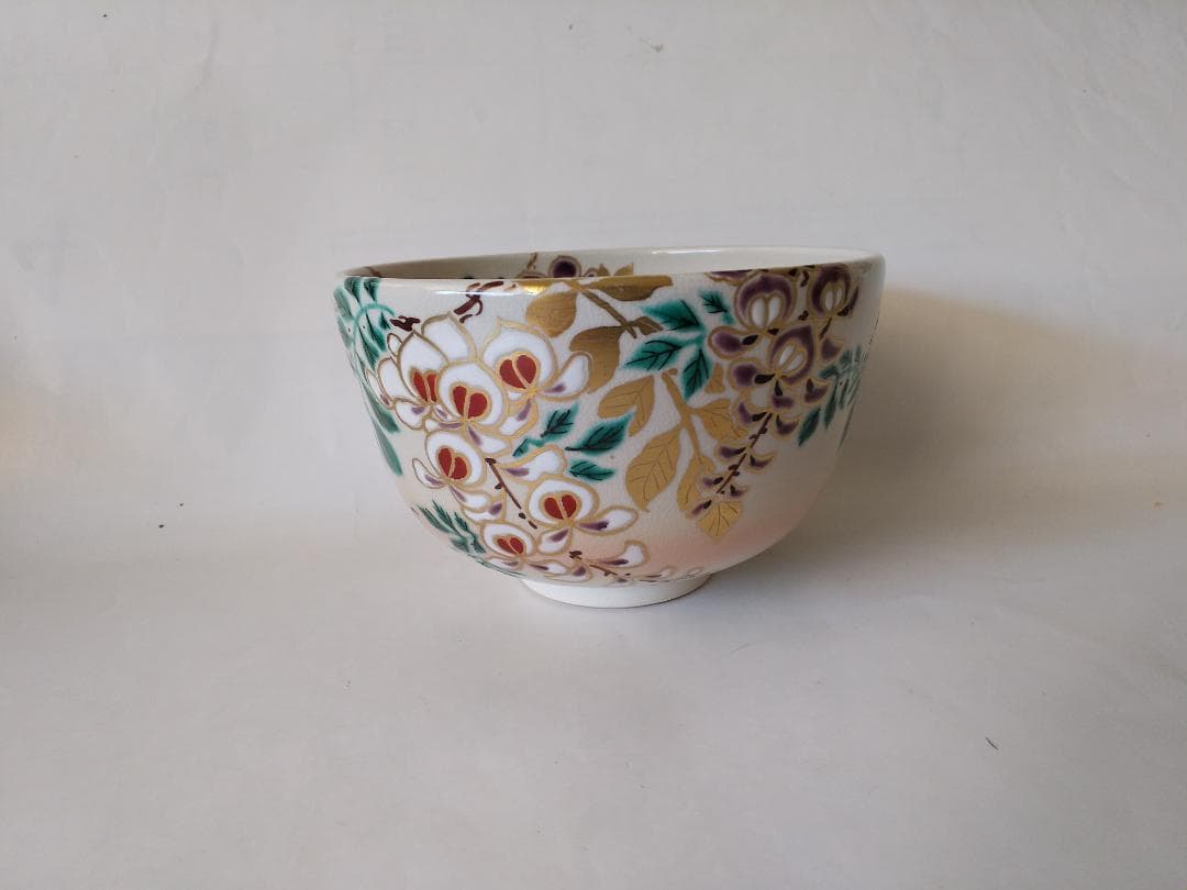 押小路窯 庄左ェ門 作 色絵「藤」茶碗 押小路焼 共箱 共布 栞 抹茶碗 新品