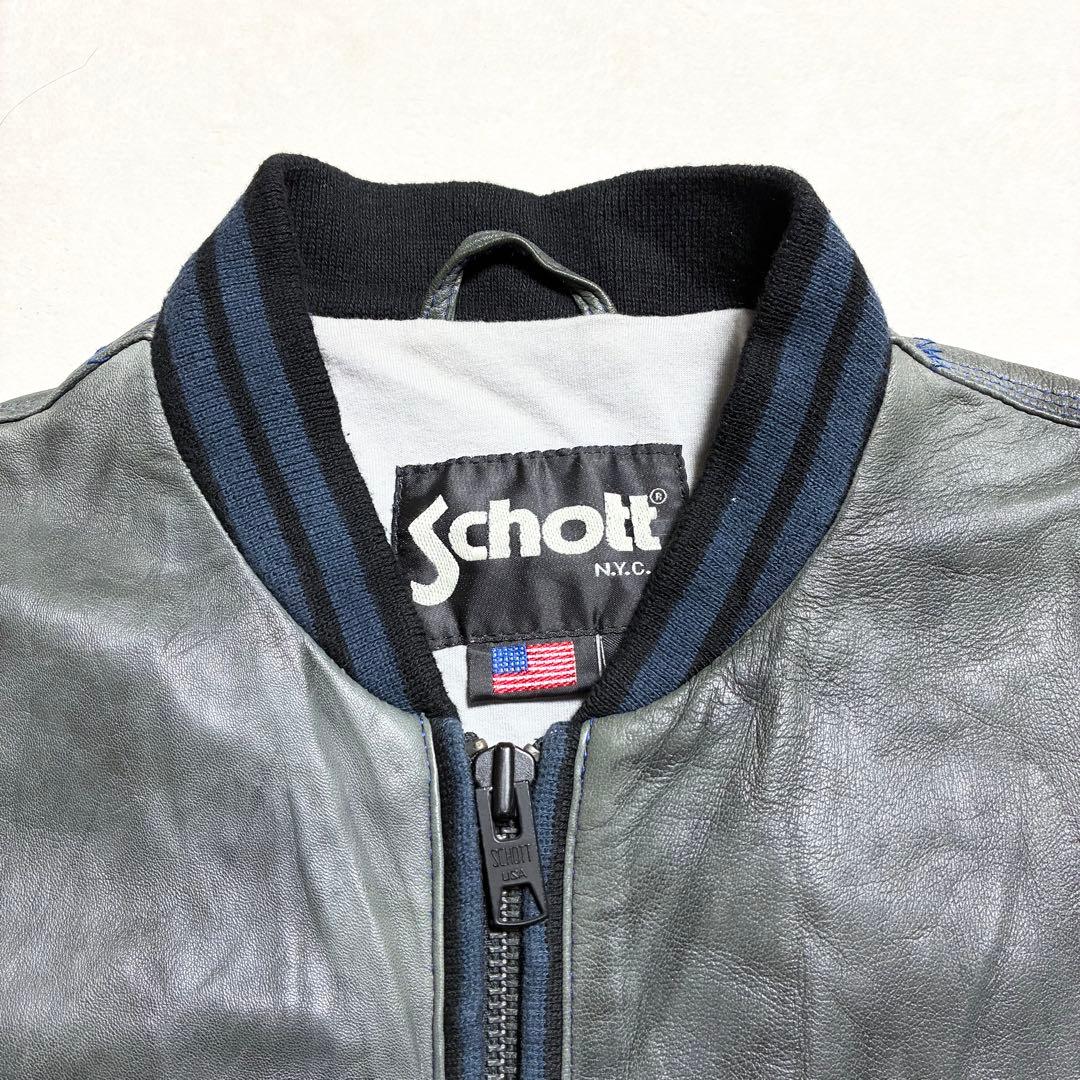 【状態良好】SCHOTT☆レザージャケット☆羊革☆グレー☆M☆ワッペン☆
