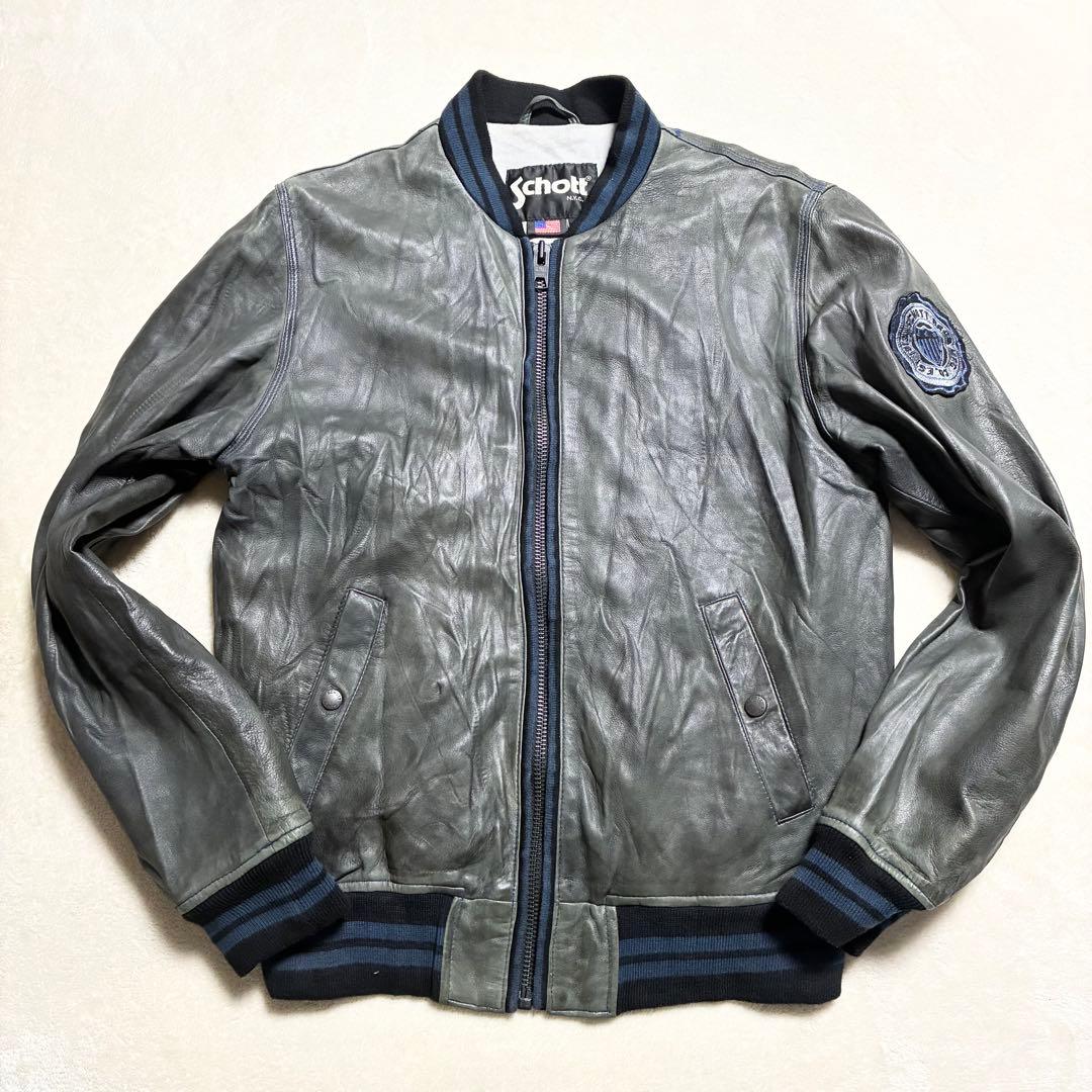 【状態良好】SCHOTT☆レザージャケット☆羊革☆グレー☆M☆ワッペン☆