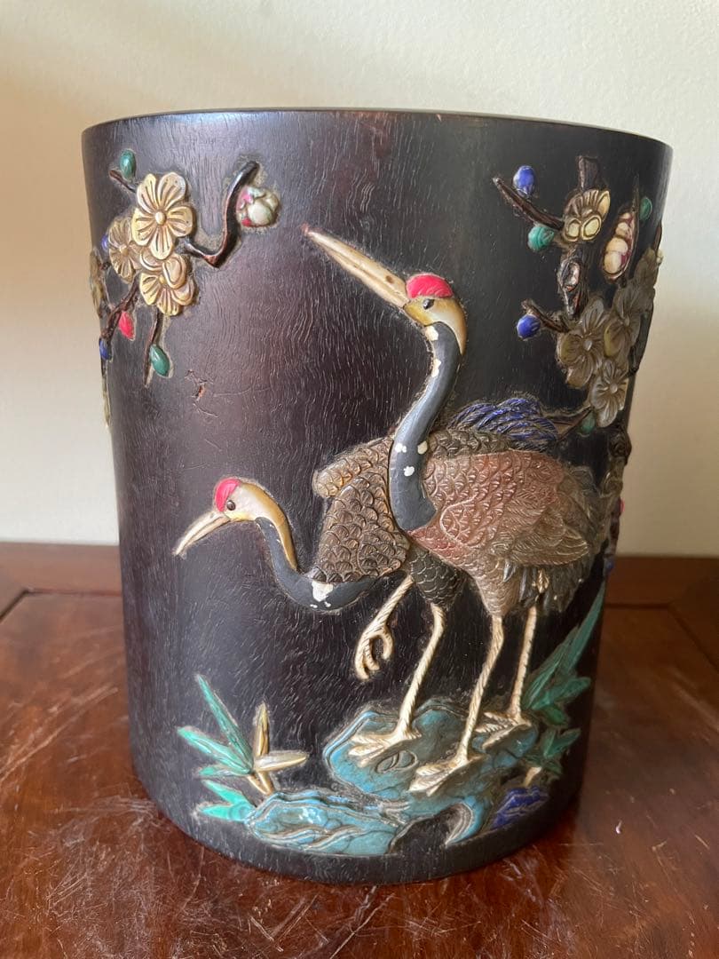 中国清代乾隆年製 紫檀笔筒 诗文宝石嵌め古董品重1.2kg