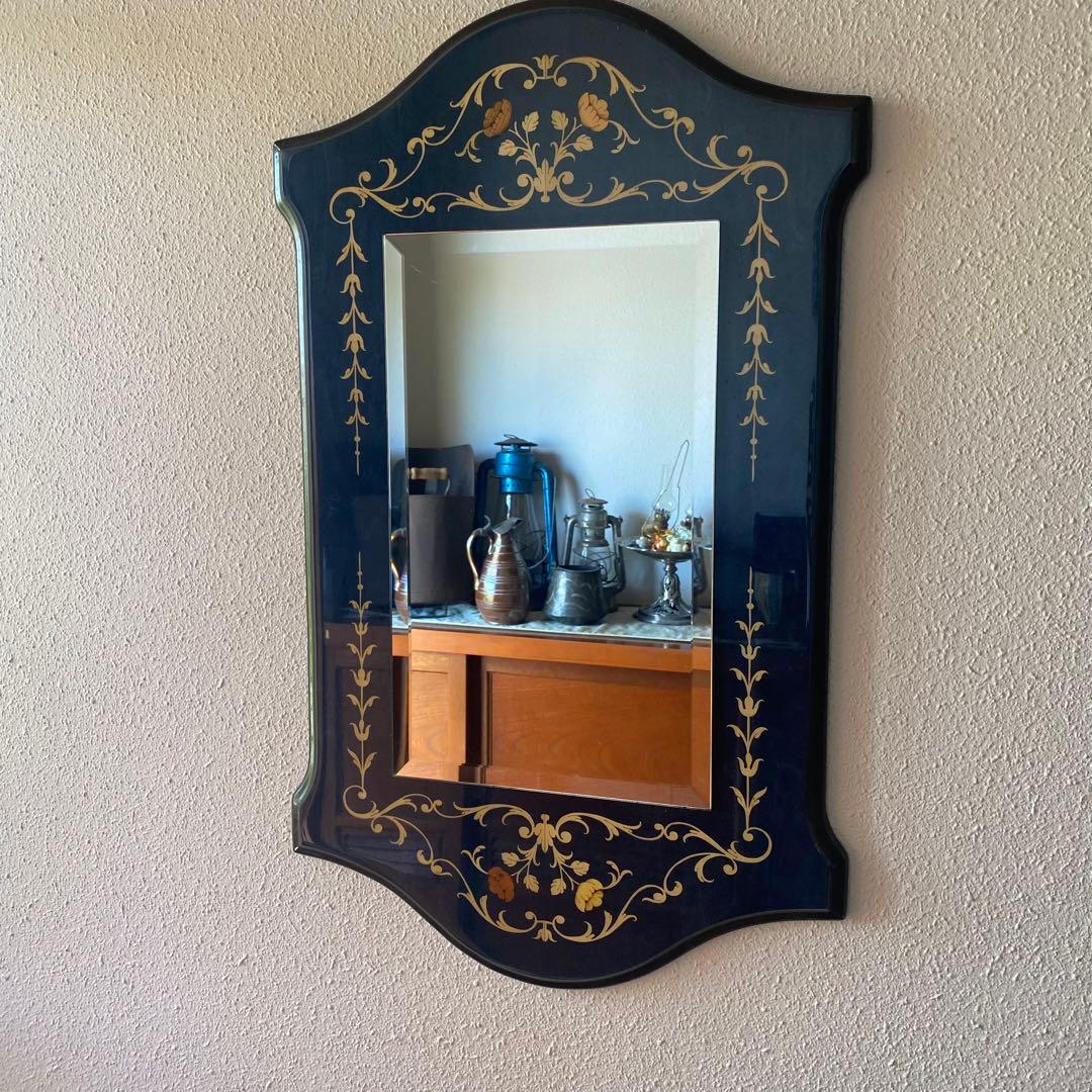 イタリア　青　ドマン　demain 象嵌　鏡　寄木　壁掛け　面取り鏡