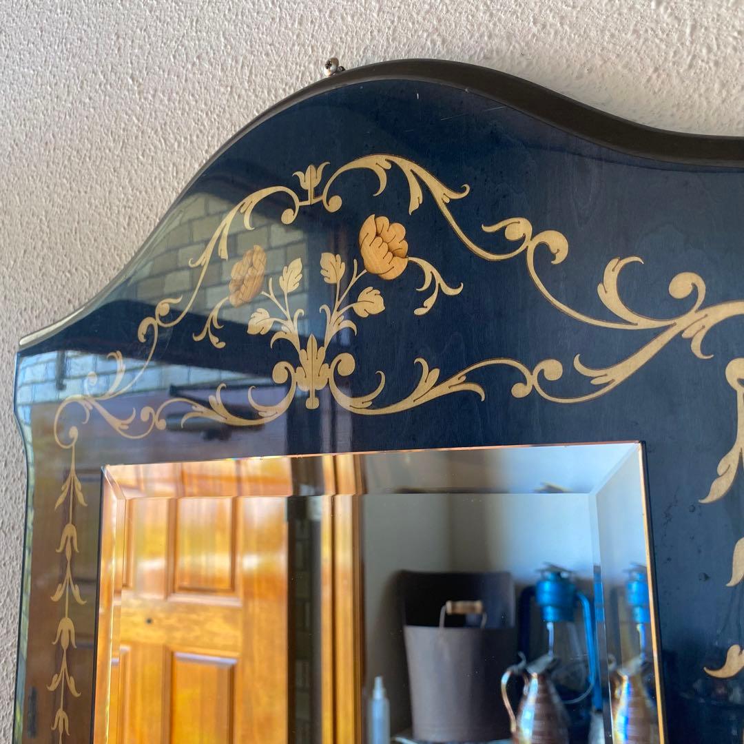 イタリア　青　ドマン　demain 象嵌　鏡　寄木　壁掛け　面取り鏡