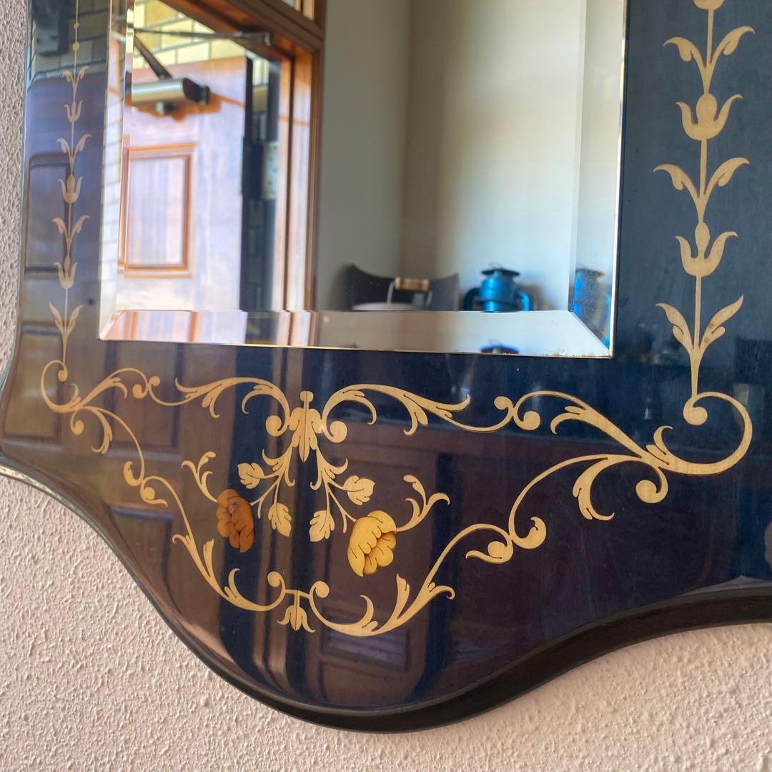 イタリア　青　ドマン　demain 象嵌　鏡　寄木　壁掛け　面取り鏡