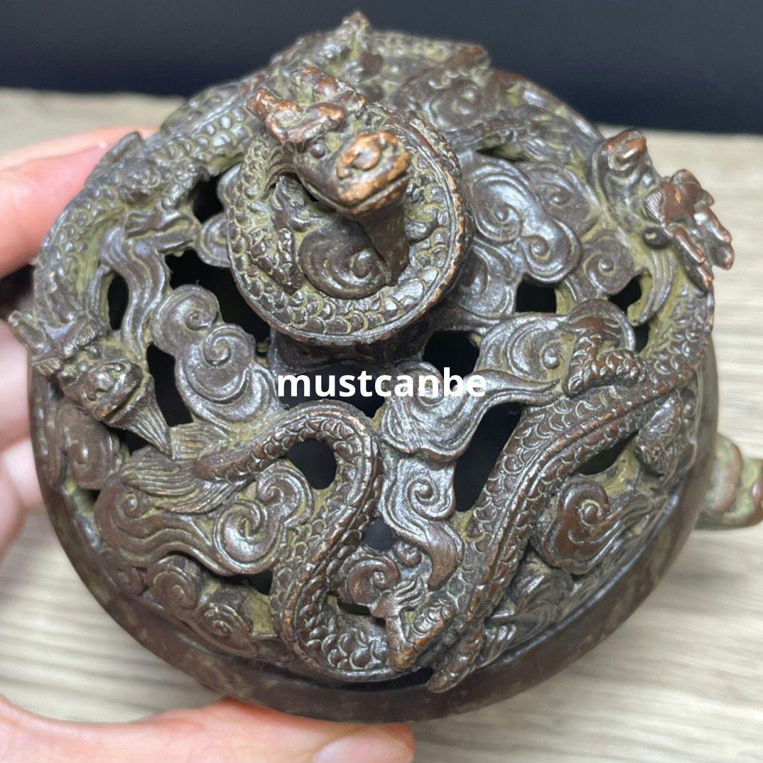 銅器 双獣耳浮彫盤竜薫香炉 香道具 茶道具 工芸品 置物