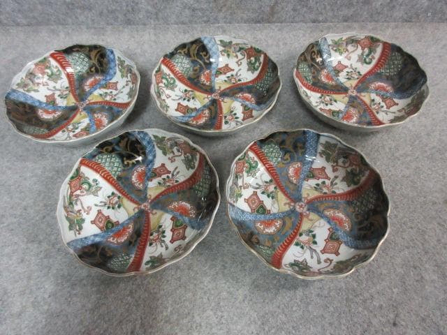 伊万里焼色絵ねじれ文に鳳凰図錦手なます皿5枚 [B24902]