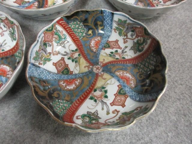 伊万里焼色絵ねじれ文に鳳凰図錦手なます皿5枚 [B24902]
