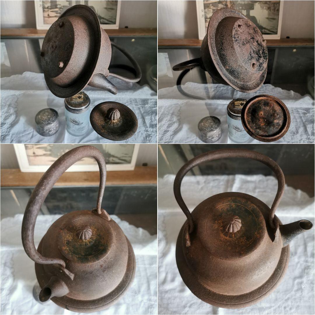 和骨董 重厚な１Ｌ南部鉄瓶 赤紫茶鉄器 珍しい胴下周り装飾付フォルム 菊/蓮摘み