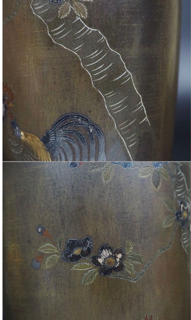 送料無料　幕末～明治期　金銀象嵌銅製花瓶　在銘　高さ24ｃｍ