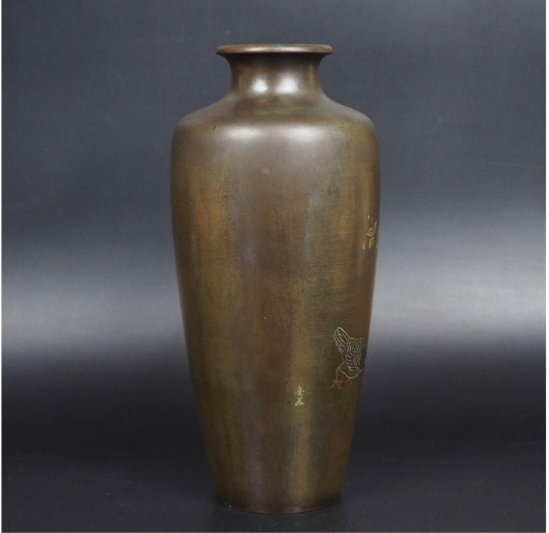 送料無料　幕末～明治期　金銀象嵌銅製花瓶　在銘　高さ24ｃｍ