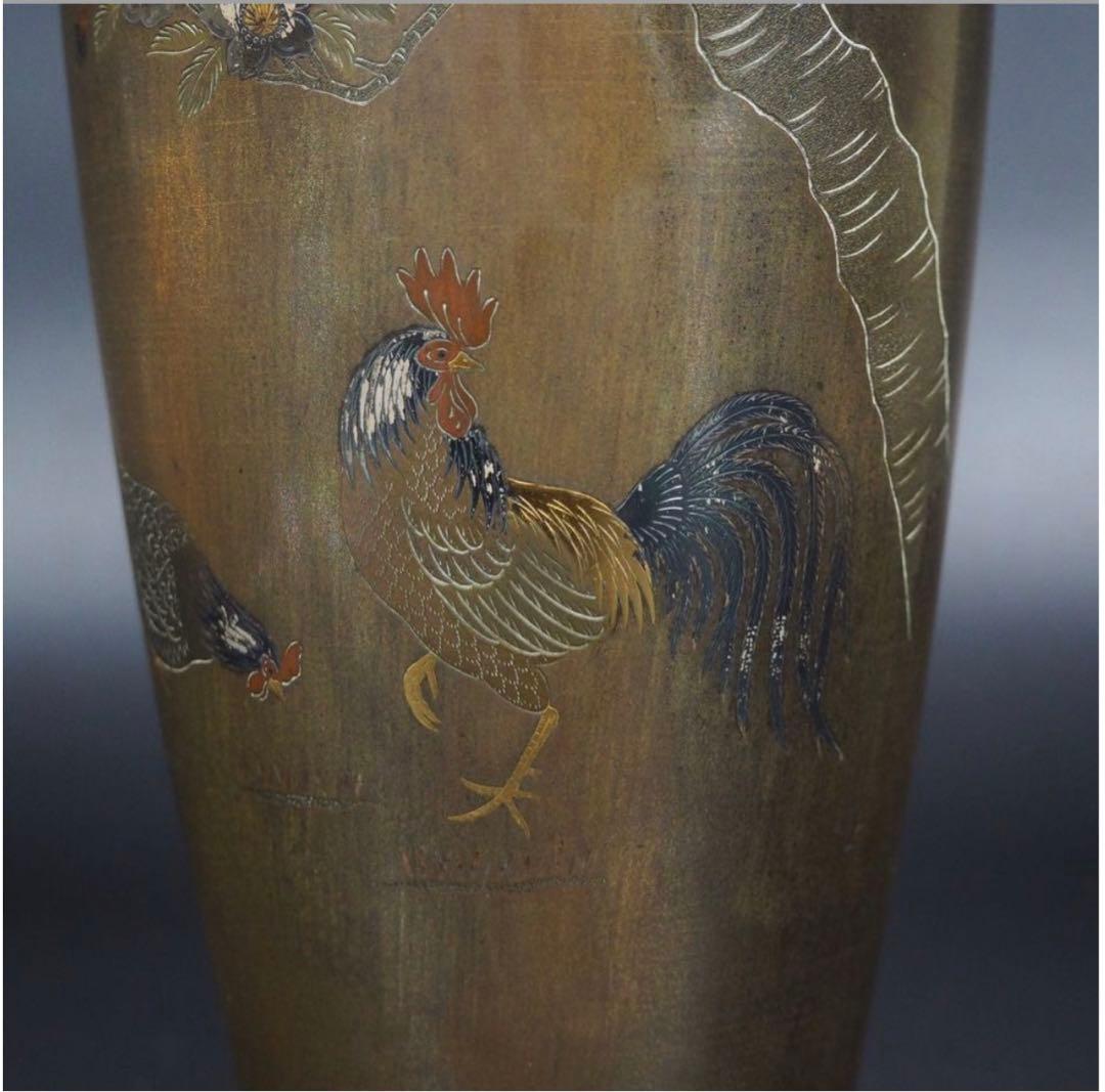 送料無料　幕末～明治期　金銀象嵌銅製花瓶　在銘　高さ24ｃｍ