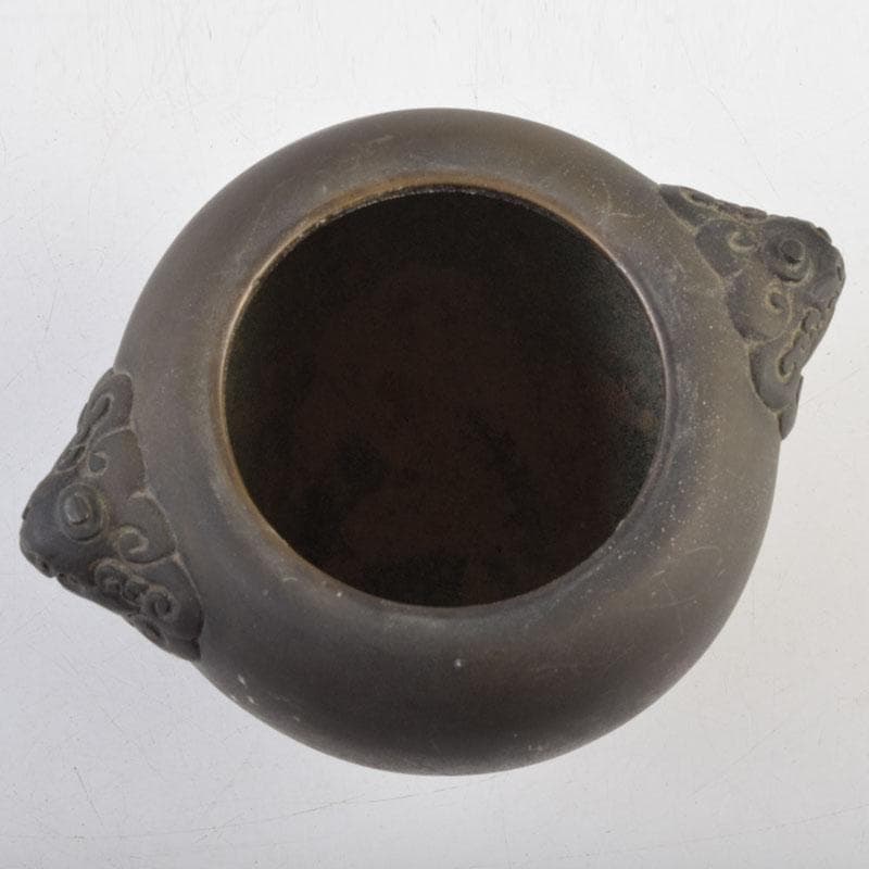 中国　古銅宣徳銅　獅子摘　刻漢詩文　三つ足香炉　N　9001