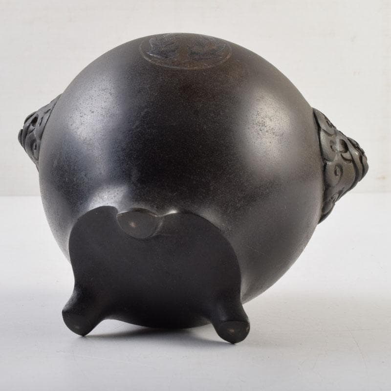 中国　古銅宣徳銅　獅子摘　刻漢詩文　三つ足香炉　N　9001