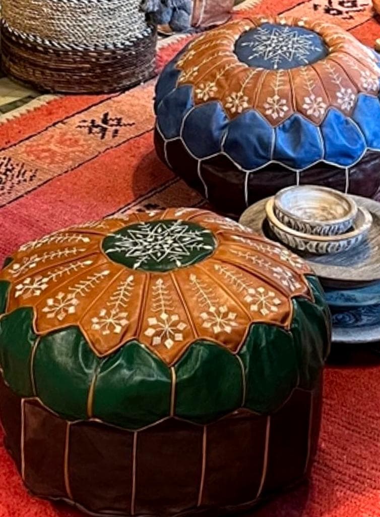 モロッコ　本革　オリジナルデザイン　プフ　オットマン　グリーン