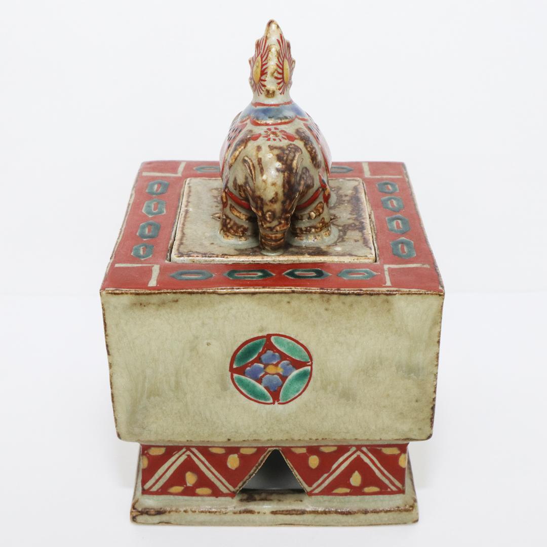 陶芸家 道林俊正作 色絵 七宝文 象香炉 共箱