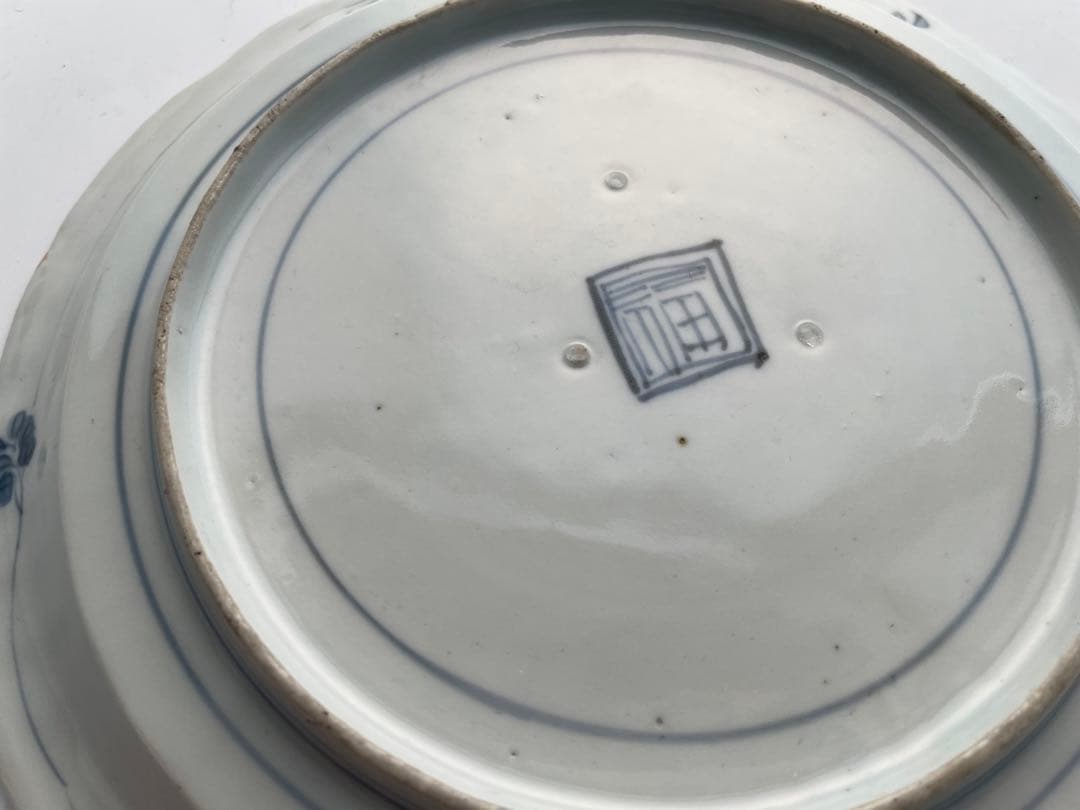 骨董　アンティーク　藍柿右衛門　染付　花鳥文　輪花七寸皿　白磁　古伊万里　藍九谷