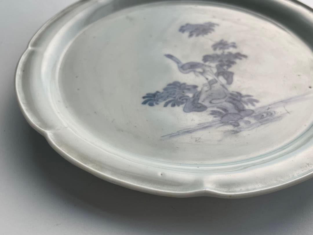 骨董　アンティーク　藍柿右衛門　染付　花鳥文　輪花七寸皿　白磁　古伊万里　藍九谷
