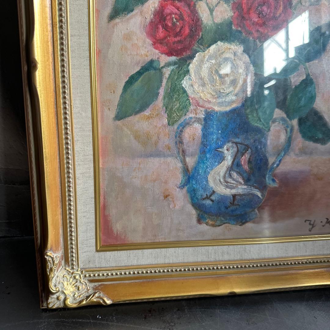 瞬間的お値下げ‼️雰囲気のよい優しいバラと鳥の絵　油彩画 花瓶のバラ ヴィンテージ