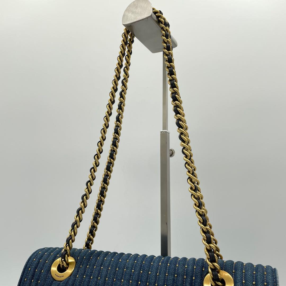 【極美品】コーチ　ショルダーバッグ　ティーローズ　ターンロック　デニム　青