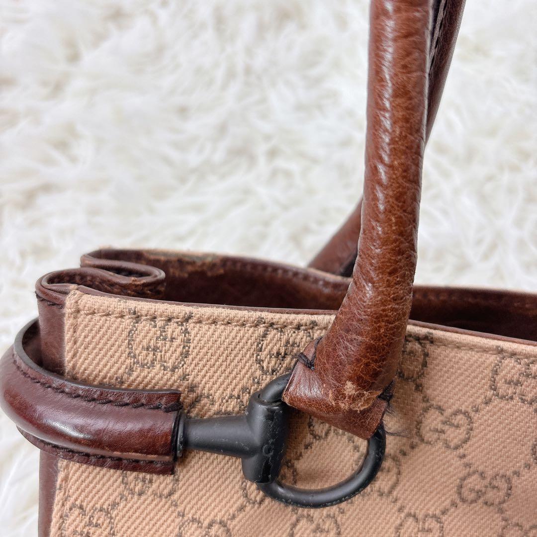 GUCCI グッチ　ハンドバッグ　GG　ホースビット　ブラウン　ビンテージ