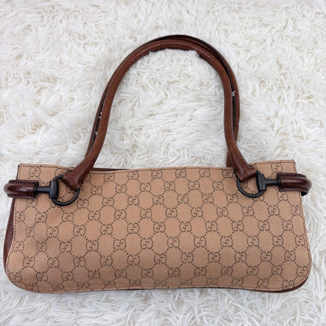 GUCCI グッチ　ハンドバッグ　GG　ホースビット　ブラウン　ビンテージ