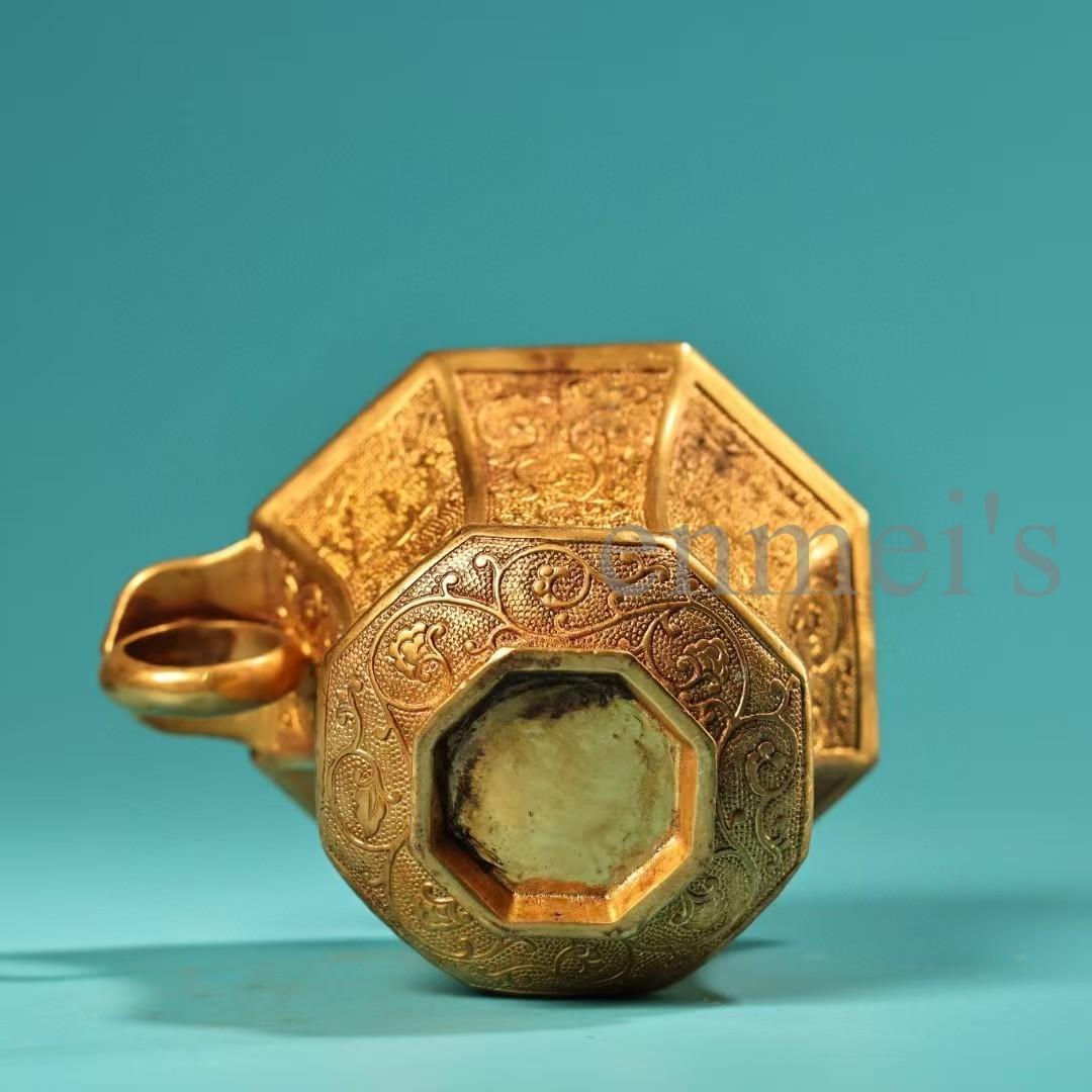 中国古美術・珍蔵純銅製・鎏金・錾花彫刻・八角彫刻酒杯セット・茶道具・風水置物